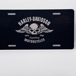Black Laser Engraved Harley Davidson with skull and wings License Plate